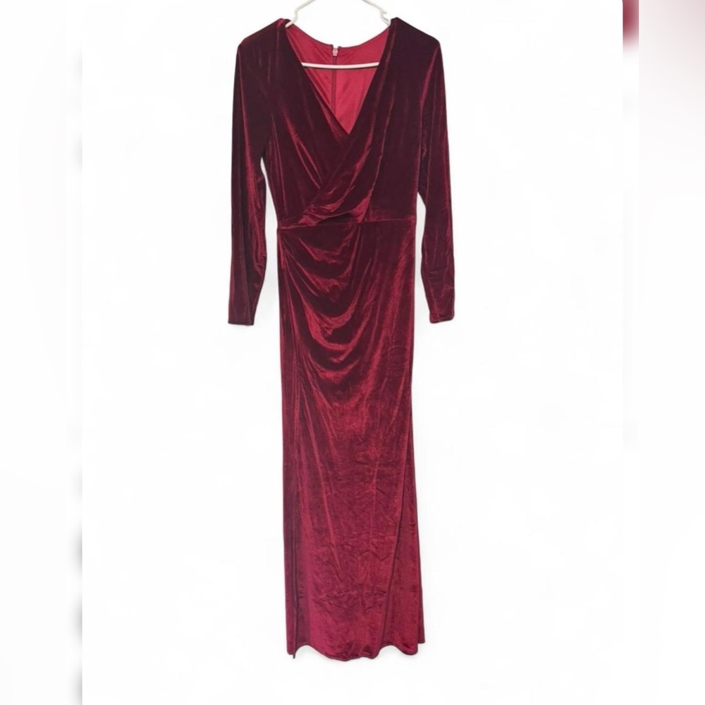 Long Sleeve Velvet Wrap Maxi Dress in Wine no red size like M-L
